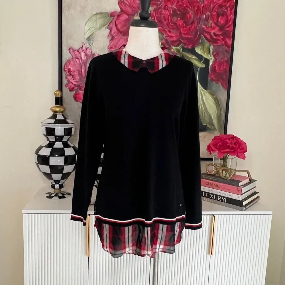 Tommy Hilfiger Womens Plaid Collared Layered Look Knit Sweater Multicolor Medium